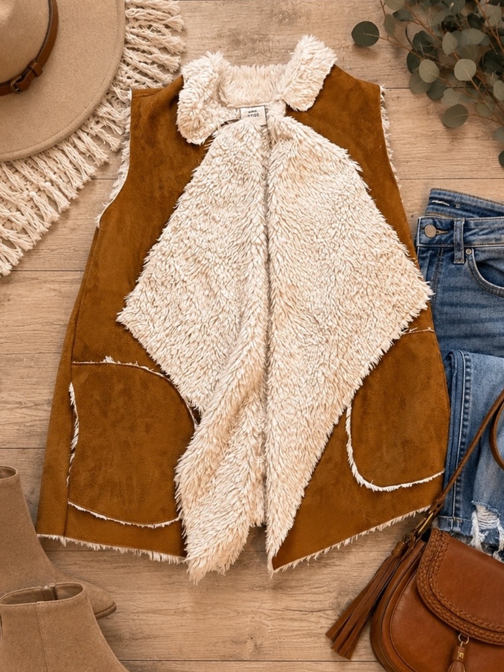Knox Rose XL Camel Brown Faux Suede Sherpa Waterfall Vest Boho Western